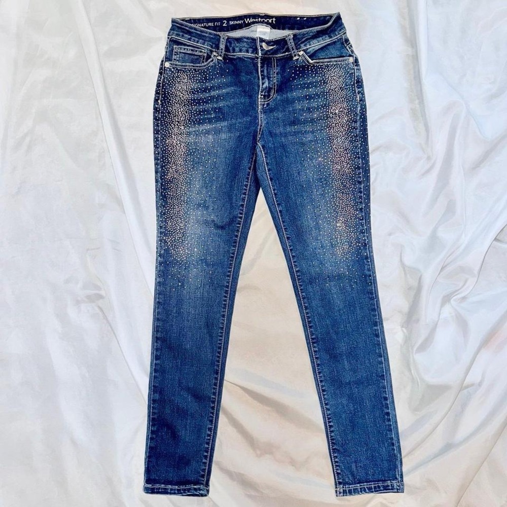 Rhinestone Bling Silver‎ Sparkling Skinny Blue Jeans Ladies Size 2